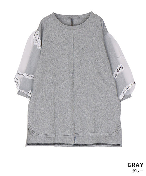 袖英字プリントシフォン使いTシャツカットソー 46-0289