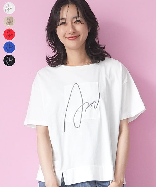 ロゴ刺繍パッチワーク裾スリットTシャツカットソー 46-0290