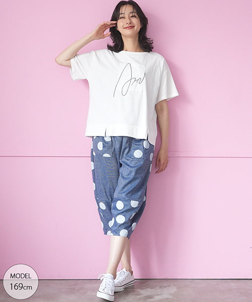 ロゴ刺繍パッチワーク裾スリットTシャツカットソー 46-0290