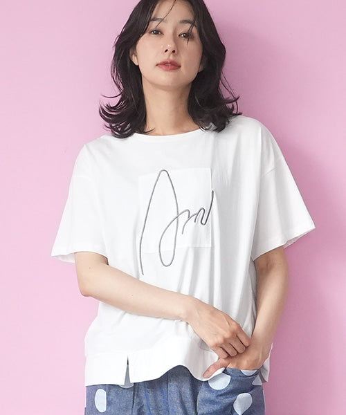 ロゴ刺繍パッチワーク裾スリットTシャツカットソー 46-0290