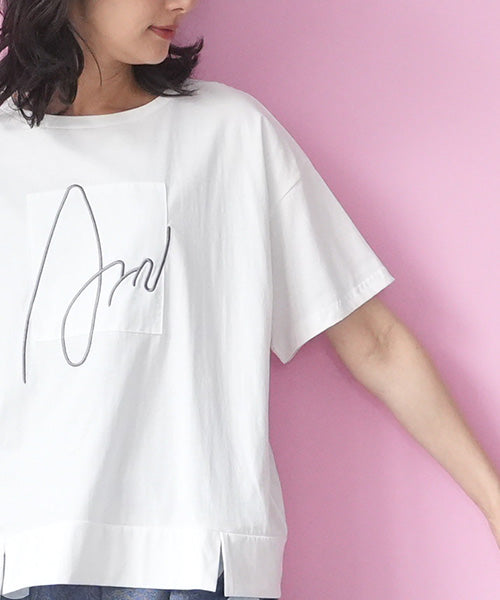 ロゴ刺繍パッチワーク裾スリットTシャツカットソー 46-0290