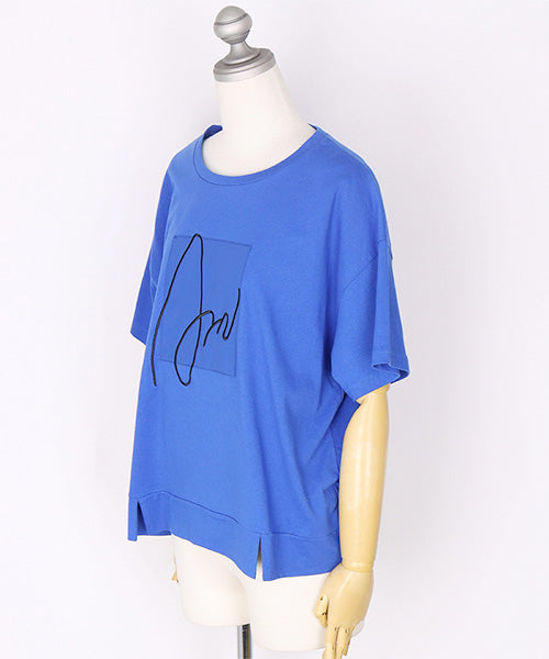ロゴ刺繍パッチワーク裾スリットTシャツカットソー 46-0290