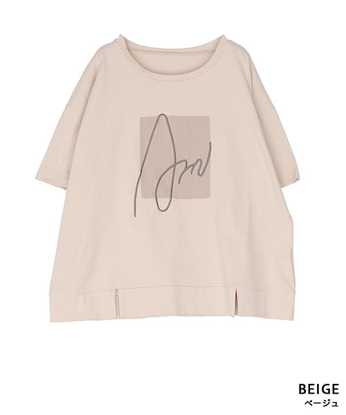 ロゴ刺繍パッチワーク裾スリットTシャツカットソー 46-0290