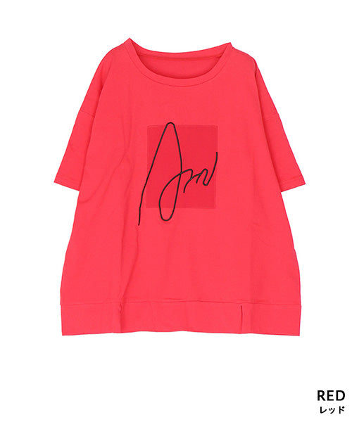 ロゴ刺繍パッチワーク裾スリットTシャツカットソー 46-0290
