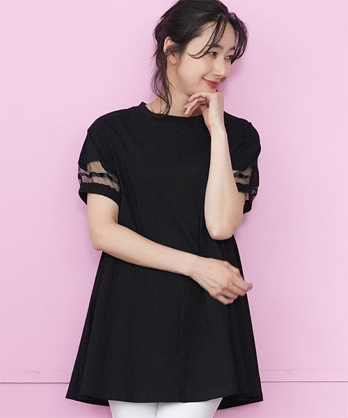 異素材切替テープ使いドロップショルダーTシャツカットソー 46-0293