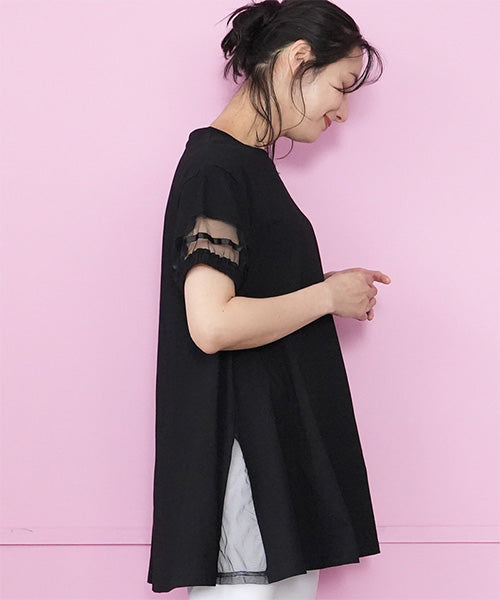異素材切替テープ使いドロップショルダーTシャツカットソー 46-0293