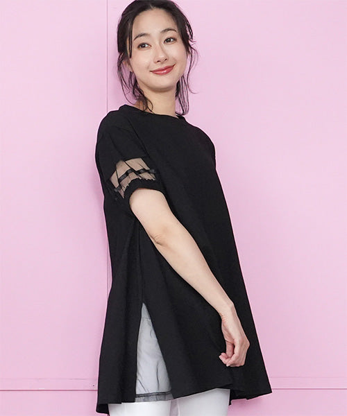 異素材切替テープ使いドロップショルダーTシャツカットソー 46-0293