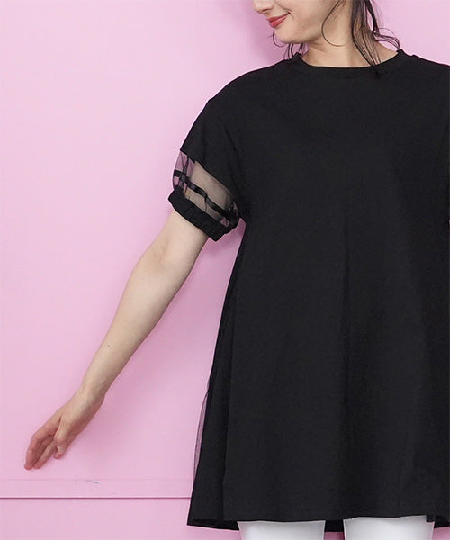 異素材切替テープ使いドロップショルダーTシャツカットソー 46-0293