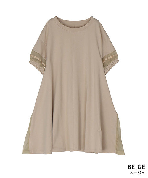 異素材切替テープ使いドロップショルダーTシャツカットソー 46-0293