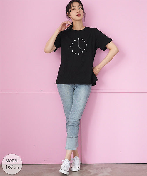 綿100％アルファベット時計刺繍Tシャツカットソー 46-0294