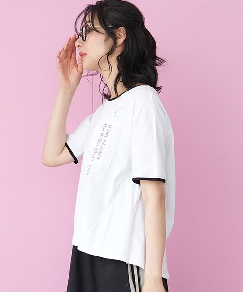 綿100％英字プリント切替デザインTシャツカットソー 46-0298