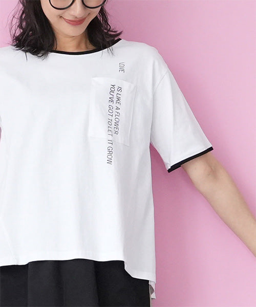 綿100％英字プリント切替デザインTシャツカットソー 46-0298