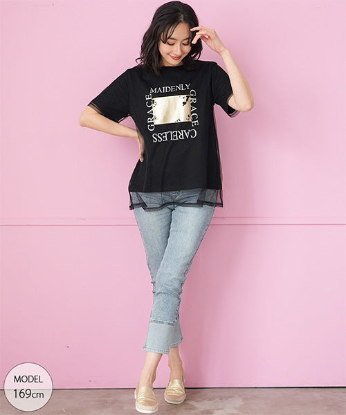 シアーチュールレイヤードロゴプリントTシャツカットソー 46-0300
