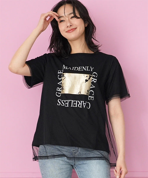 シアーチュールレイヤードロゴプリントTシャツカットソー 46-0300