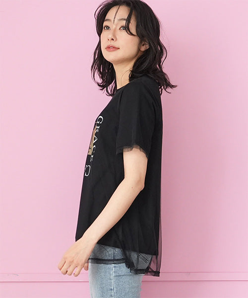 シアーチュールレイヤードロゴプリントTシャツカットソー 46-0300