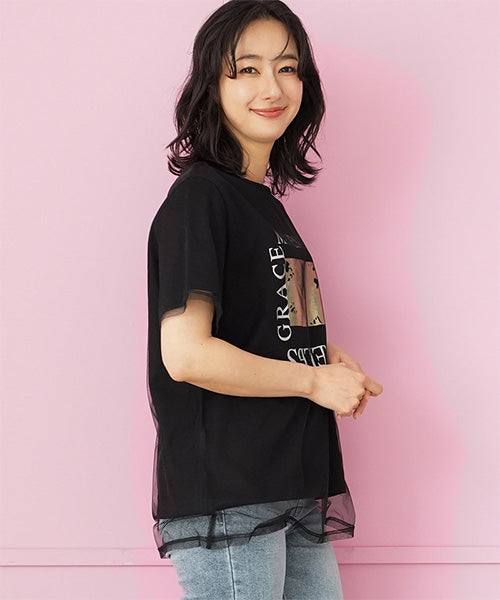 シアーチュールレイヤードロゴプリントTシャツカットソー 46-0300