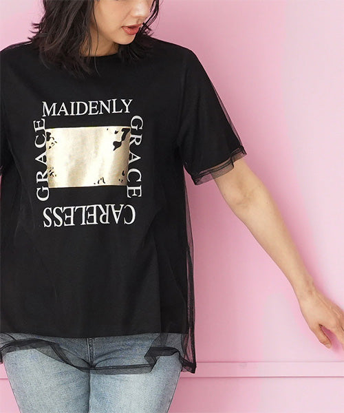 シアーチュールレイヤードロゴプリントTシャツカットソー 46-0300