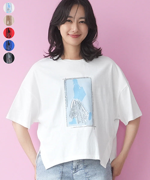 綿100％スパンコールデザインガールプリント切替Tシャツカットソー 46-0301