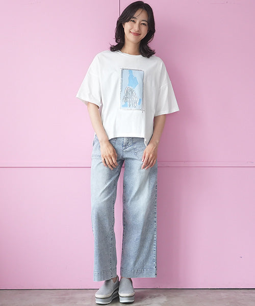 綿100％スパンコールデザインガールプリント切替Tシャツカットソー 46-0301