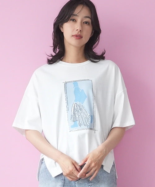 綿100％スパンコールデザインガールプリント切替Tシャツカットソー 46-0301