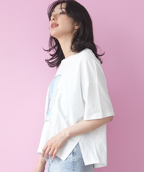 綿100％スパンコールデザインガールプリント切替Tシャツカットソー 46-0301