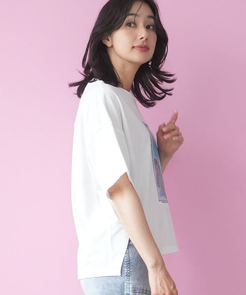 綿100％スパンコールデザインガールプリント切替Tシャツカットソー 46-0301