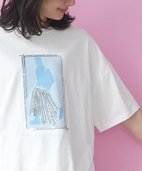 綿100％スパンコールデザインガールプリント切替Tシャツカットソー 46-0301