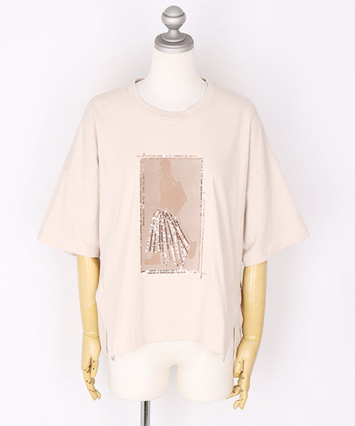 綿100％スパンコールデザインガールプリント切替Tシャツカットソー 46-0301
