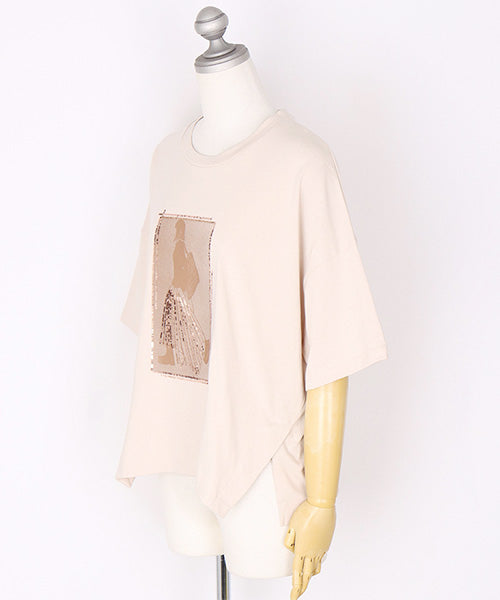 綿100％スパンコールデザインガールプリント切替Tシャツカットソー 46-0301