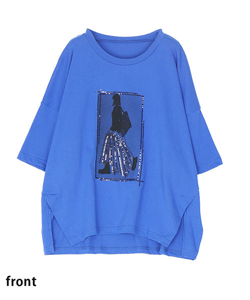綿100％スパンコールデザインガールプリント切替Tシャツカットソー 46-0301