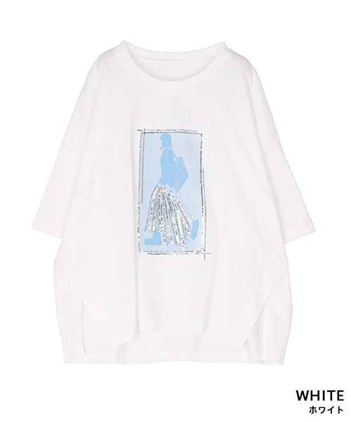 綿100％スパンコールデザインガールプリント切替Tシャツカットソー 46-0301