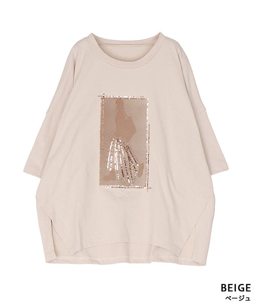 綿100％スパンコールデザインガールプリント切替Tシャツカットソー 46-0301
