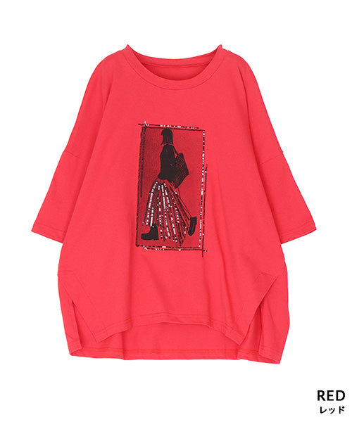 綿100％スパンコールデザインガールプリント切替Tシャツカットソー 46-0301