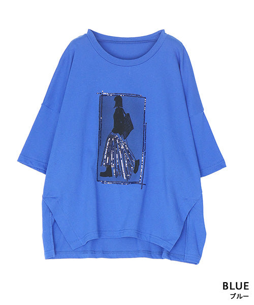 綿100％スパンコールデザインガールプリント切替Tシャツカットソー 46-0301