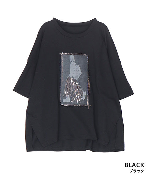 綿100％スパンコールデザインガールプリント切替Tシャツカットソー 46-0301