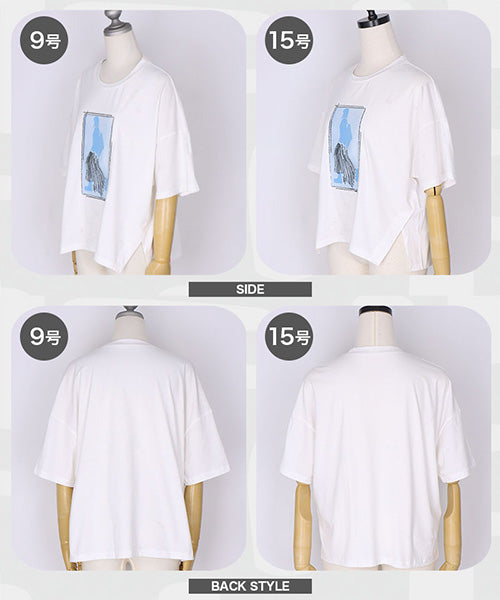 綿100％スパンコールデザインガールプリント切替Tシャツカットソー 46-0301