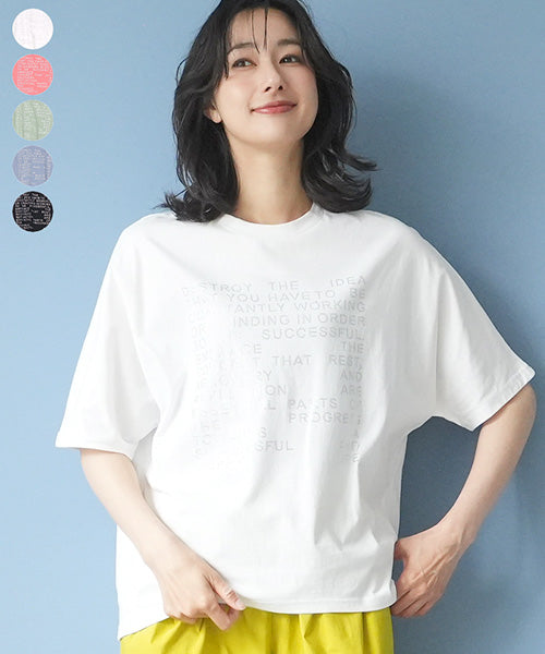 綿100％ラインストーン英字デザインドルマンスリーブTシャツカットソー 46-0302