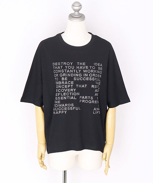 綿100％ラインストーン英字デザインドルマンスリーブTシャツカットソー 46-0302