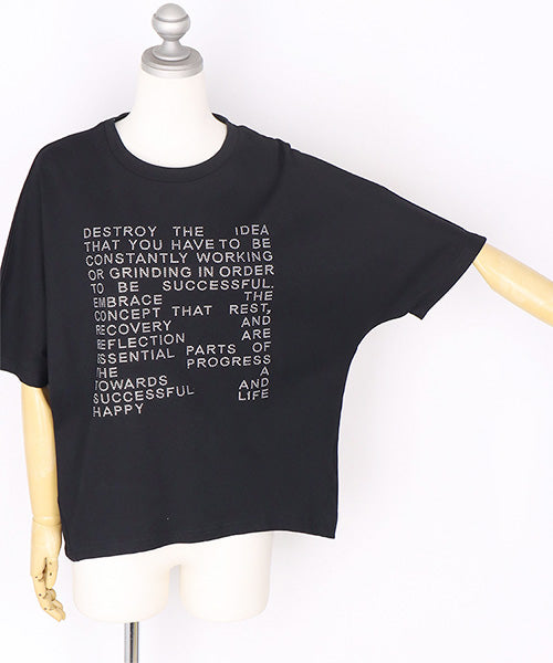 綿100％ラインストーン英字デザインドルマンスリーブTシャツカットソー 46-0302