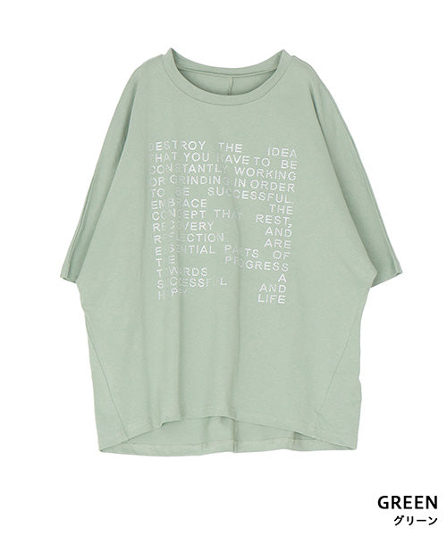 綿100％ラインストーン英字デザインドルマンスリーブTシャツカットソー 46-0302