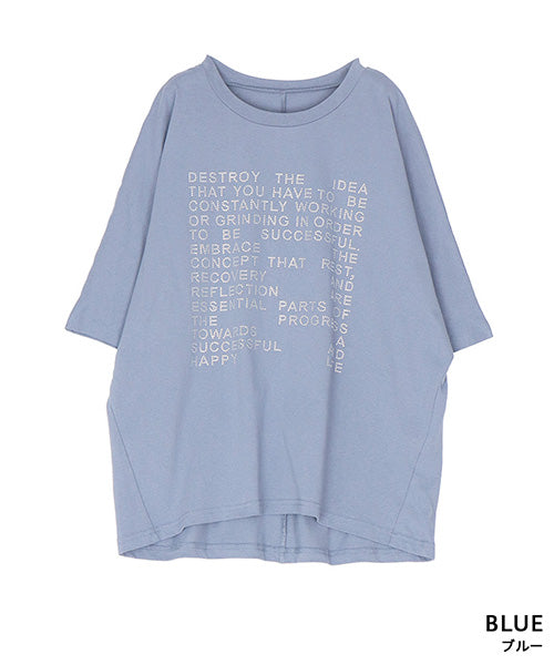 綿100％ラインストーン英字デザインドルマンスリーブTシャツカットソー 46-0302