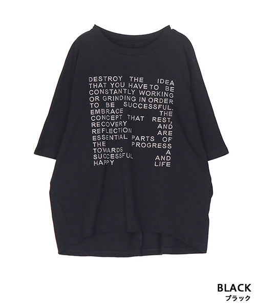 綿100％ラインストーン英字デザインドルマンスリーブTシャツカットソー 46-0302
