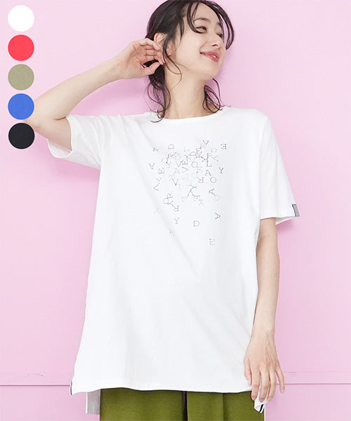 綿100％英字プリントビジュー付き5分袖Tシャツ 46-0304