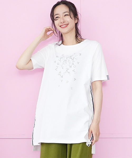 綿100％英字プリントビジュー付き5分袖Tシャツ 46-0304
