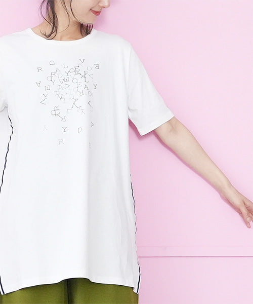 綿100％英字プリントビジュー付き5分袖Tシャツ 46-0304