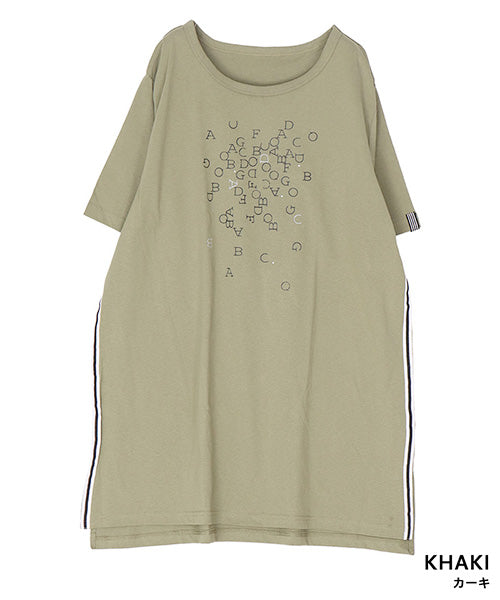 綿100％英字プリントビジュー付き5分袖Tシャツ 46-0304