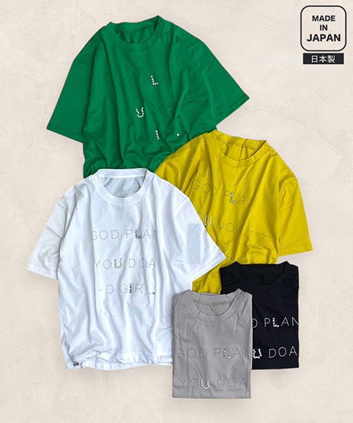 【日本製】綿100％英字柄パールビジュー付き裾ドロストデザインTシャツ 46-0306