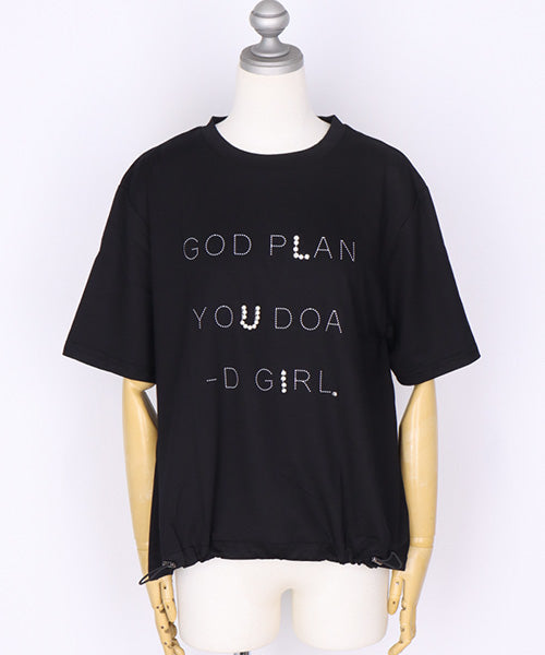 【日本製】綿100％英字柄パールビジュー付き裾ドロストデザインTシャツ 46-0306