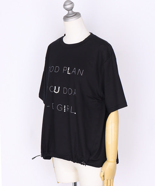【日本製】綿100％英字柄パールビジュー付き裾ドロストデザインTシャツ 46-0306