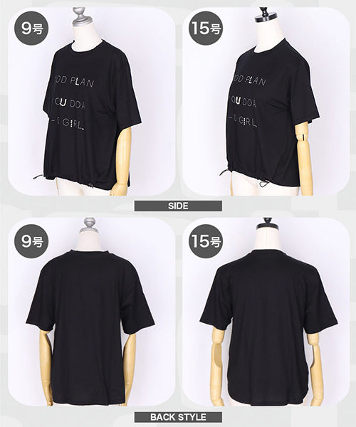【日本製】綿100％英字柄パールビジュー付き裾ドロストデザインTシャツ 46-0306